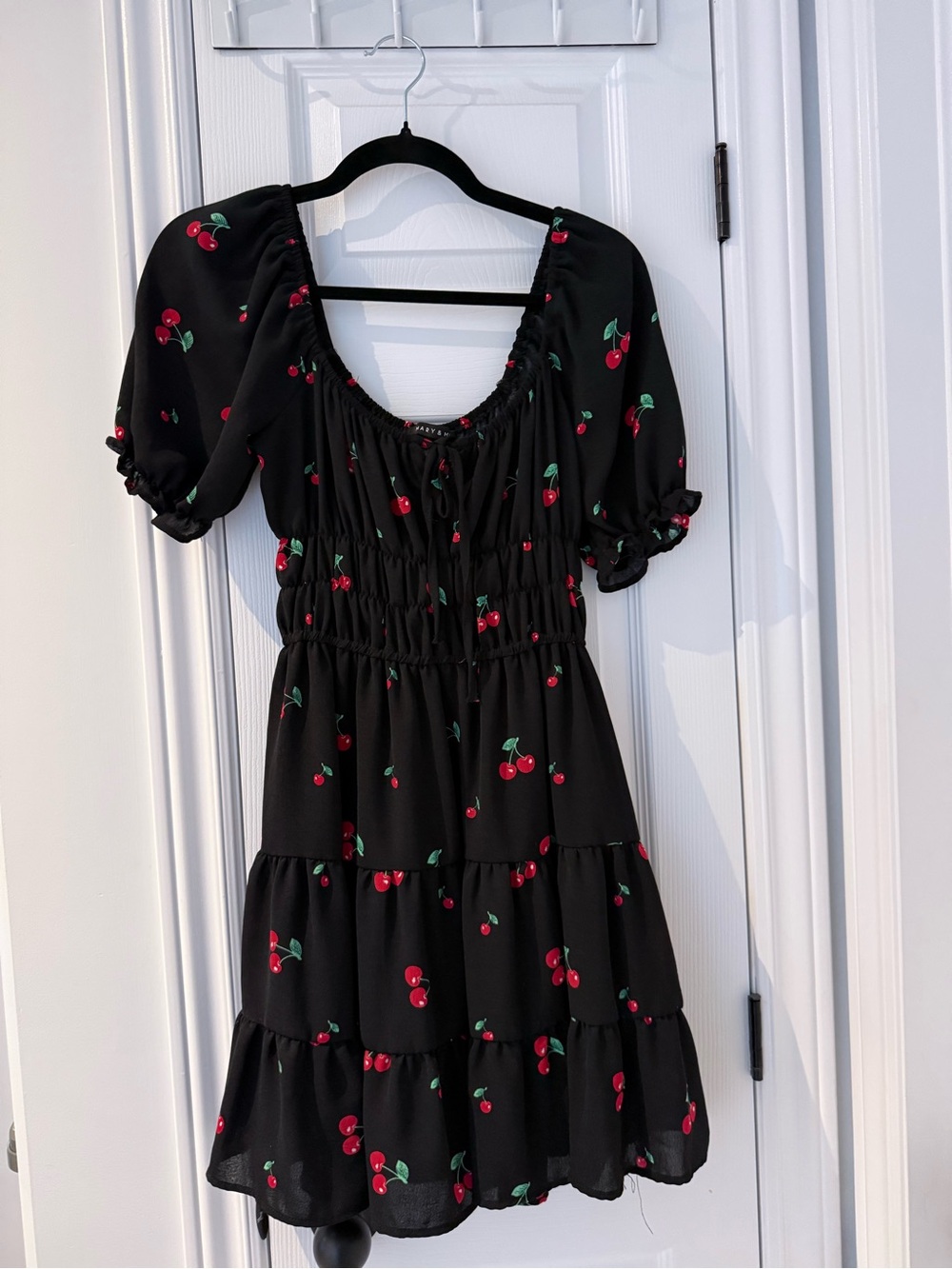 Black Cherry-Print Mini Dress with Puff Sleeves